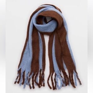 Aerie Fuzzy Knit Brown and Blue Striped Scarf